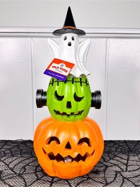 NEW Old Time Pottery Light Up Ghost Frankenstein and Pumpkin Halloween Figurine